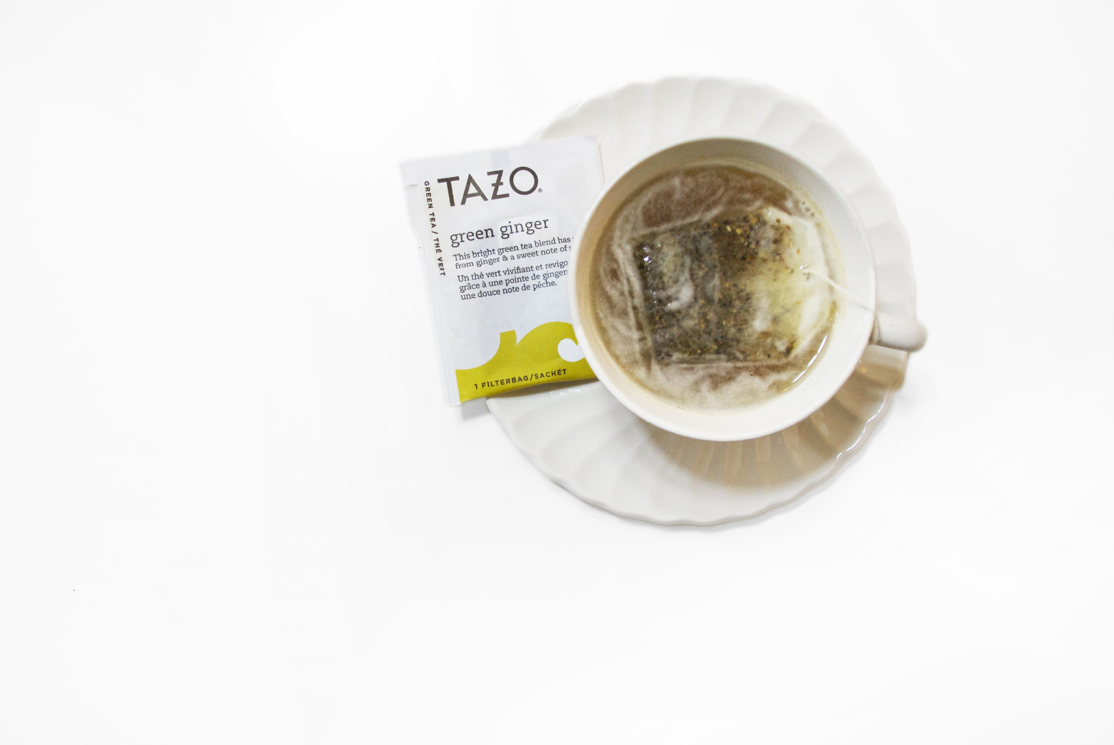 Tazo green ginger tea in tea cup 
