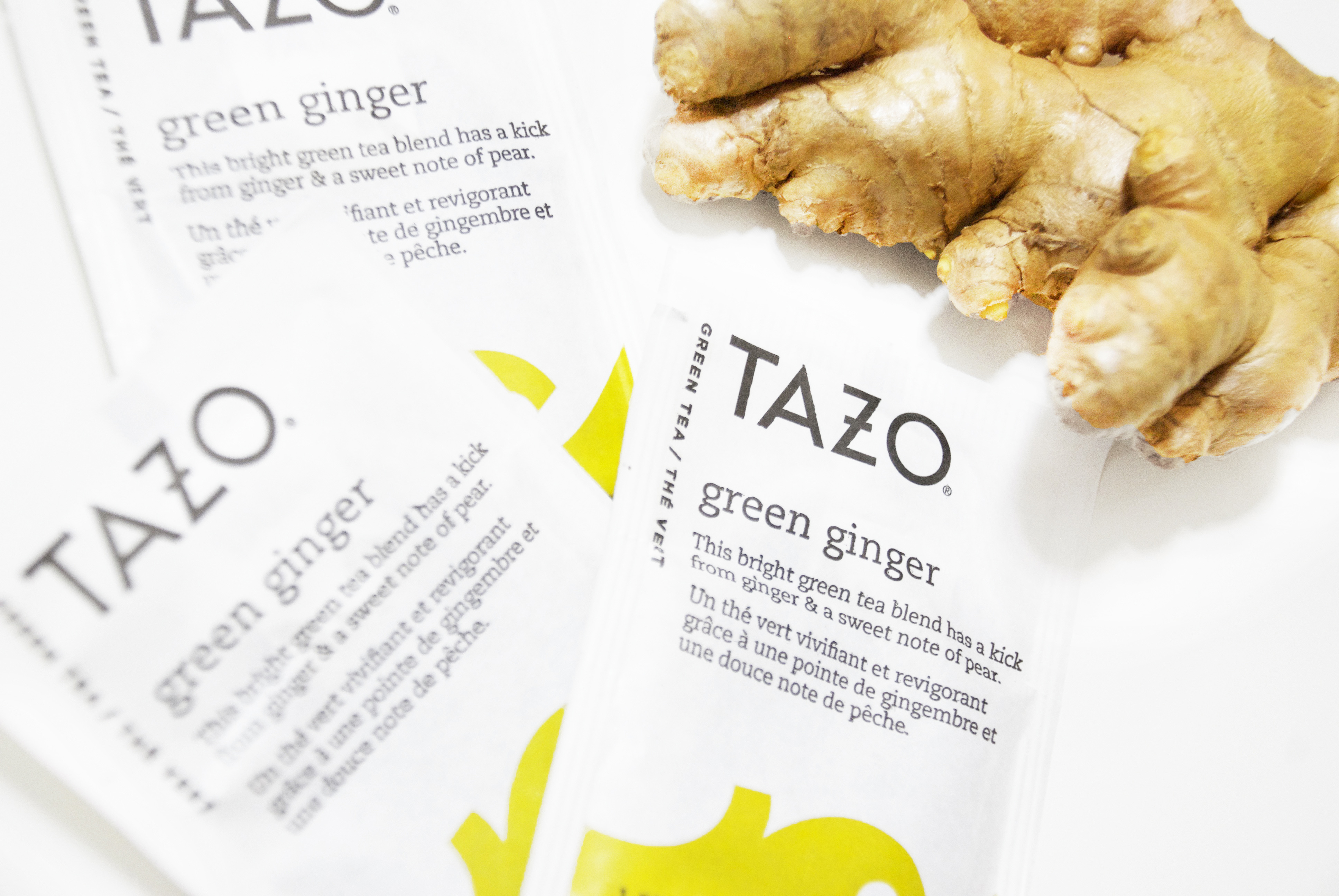 TAZO green ginger tea packets with ginger root